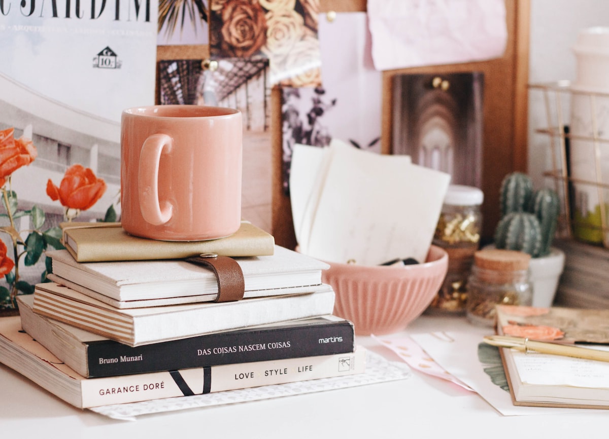 Stone gray planner with ceramic coffee mug