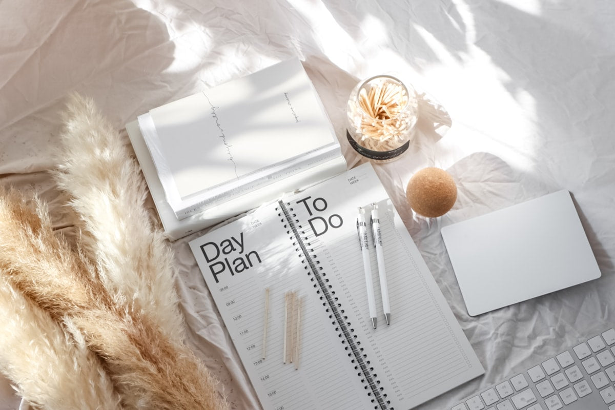 White pen resting on cream dot grid journal