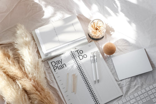 White pen resting on cream dot grid journal